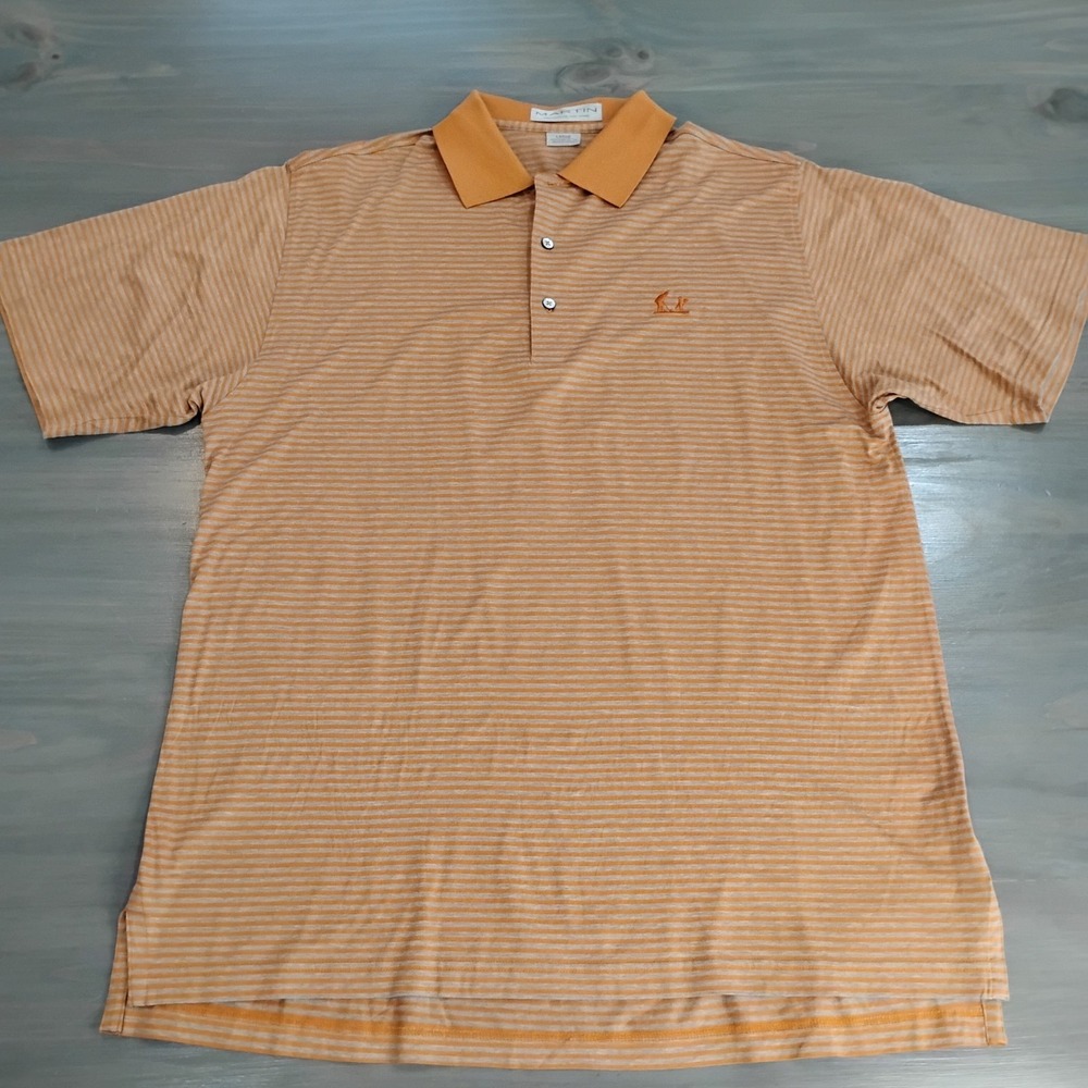 MARTIN Golf Polo Shirt Men's Size Large 100% PIMA COTTON Striped Orange/Khaki
